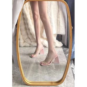 OMG！！显高显白显腿长大小姐高跟鞋粗跟淡粉色女鞋透明带凉拖鞋