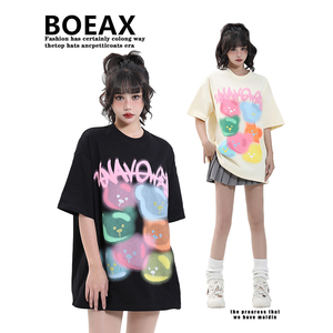 BOEAX潮牌2024年夏季欧美高街五分袖T恤女卡通涂鸦圆领短袖街头风