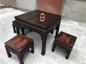 老挝大红酸枝四方桌五件套休闲桌交趾黄檀棋牌桌八仙桌红木餐桌