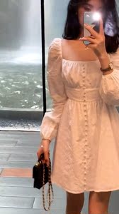 【AMIN】首尔小姐气质氛围感方领露腰白色连衣裙公主长袖甜美裙