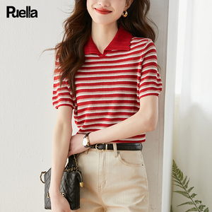 拉夏贝尔Puella复古港味条纹针织衫女装法式时尚薄款红色短袖上衣