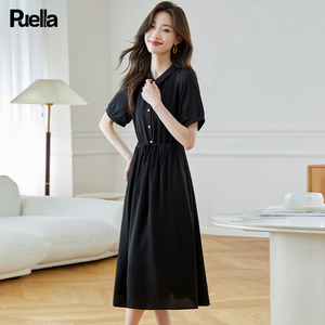拉夏贝尔Puella法式复古赫本风雪纺连衣裙女时尚收腰显瘦小黑裙子