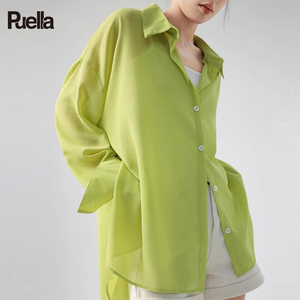 拉夏贝尔Puella春装新品新设计感长袖防晒衬衫雪纺空调衫上衣女