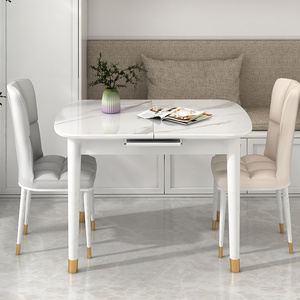 餐桌椅奶油风亮光岩板伸缩折叠组合白色极简约轻奢实木小户网红电