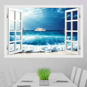 假窗户墙贴画自粘风景画贴纸客厅沙发背景装饰画海景壁纸房间壁画
