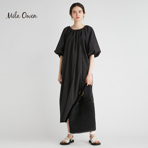 Mila Owen 夏季款休闲简约气质宽松后系带茧型显瘦连衣裙裙子女士