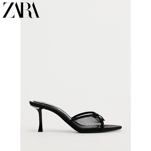 ZARA2024新款女鞋黑色蝴蝶结高跟鞋女夏细跟半拖凉鞋 3342310 800