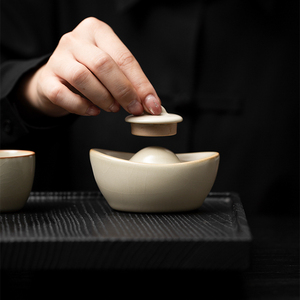 米黄汝窑盖置创意元宝茶桌摆件茶壶盖托可养汝瓷茶玩茶宠茶具配件