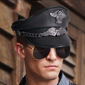 德国男士皮帽子复古欧美机车哈雷牛皮海军水手船长帽鸭舌帽