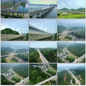 航拍高速铁路火车高铁和谐号动车高速行驶铁道交通高架桥视频素材