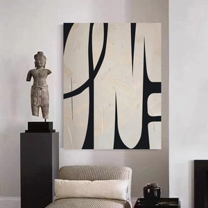 手绘油画侘寂抽象黑白线条现代北欧美式轻奢客厅沙发落地风装饰画