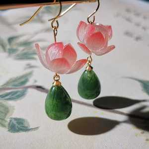 荷花耳夹莲花耳坠粉色花朵绿色水滴耳环耳夹中式小众原创设计超仙