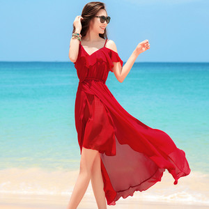 法式气质超仙红色连衣裙女春夏三亚云南旅游海边度假沙滩吊带裙子