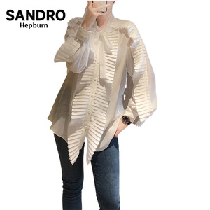 sandro Hepburn女装2023春新款纯色白色风琴褶真丝衬衣衬衫女清仓