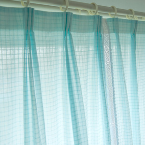出口法式天然纯棉布窗帘地中海粉蓝色格子客厅日式环保儿童房纱帘