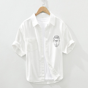 2022白色印花衬衫男个性设计感人物图案时尚休闲短袖衬衣时尚百搭