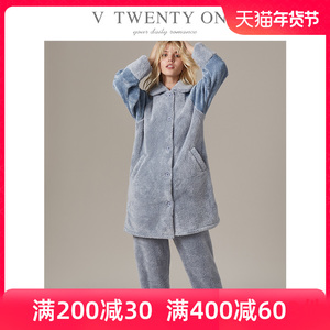 V21睡衣女士秋冬季冬天冬款珊瑚绒加厚加绒保暖法兰绒家居服套装