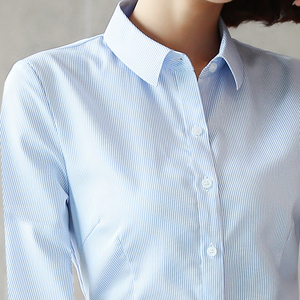 蓝白条纹衬衫女长袖纯棉衬衣免烫银行正装工作服职业工装寸衫全棉