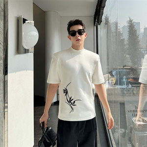 夏季半高领短袖T恤男小众绣花设计感韩版复古新中式潮牌半袖上衣