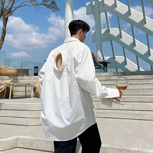 春夏韩国网红白衬衫男长袖小众解构双领镂空设计高级感中长款衬衣