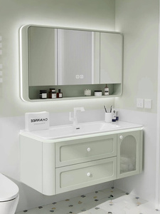 果绿色橡木浴室柜一体盆陶瓷圆角智能洗漱台卫生间洗手盆柜组合