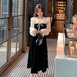 安璃ANLI 2021新款韩系娃娃领蕾丝拼接收腰韩国绒假两件连衣裙潮