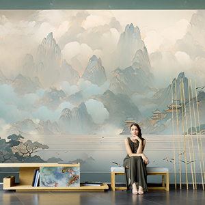 新中式电视背景墙壁纸壁布蓝灰色山水墙布墙纸书房客厅沙发墙壁画