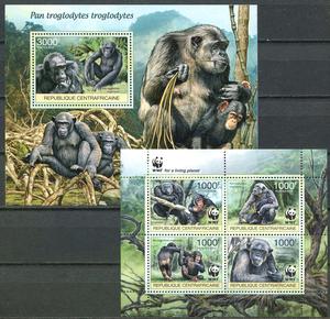 3499：中非2012年WWF 动物 猩猩 新票 小全张+小型张 外国邮票