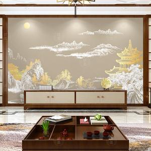 新中式饭店墙布金色山水壁画客厅茶室背景墙壁纸墙面卧室餐厅壁布