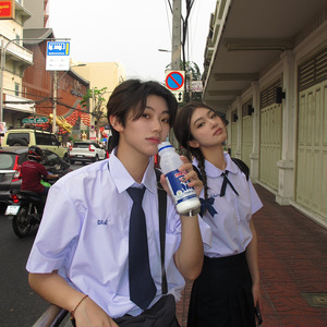 泰式校服泰国jk制服套装原创正版夏季短袖情侣装紫色衬衫学生女