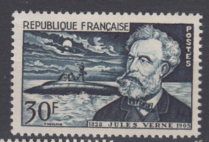 法国  邮票 1955年 名人  科幻作家 凡尔纳 1全 雕刻版
