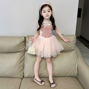 女童连衣裙2024夏季新款儿童洋气吊带裙子宝宝粉色公主生日礼服
