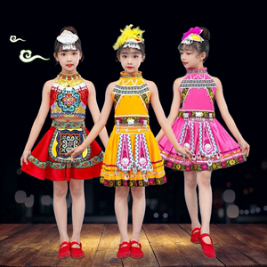夏季儿童少数民族服装纳西族演出服男女童幼儿舞台舞蹈表演服套装