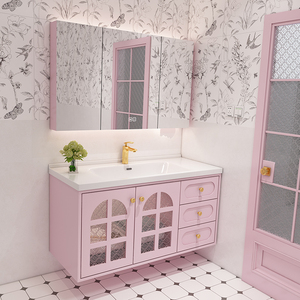 粉色一体陶瓷盆浴室柜组合洗脸盆洗漱台简约现代智能卫浴吊柜套装