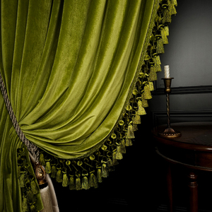 法式窗帘轻奢绿色美式复古全遮光丝绒布高档别墅高窗欧式客厅卧室