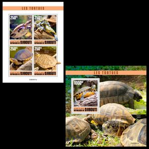 吉布提2020珍稀爬行动物乌龟陆龟南美巨型侧颈龟钻纹龟邮票2M全新