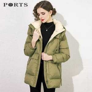PORTS冬季新款拼接纯色立领连帽羽绒服女小个子修身设计常规外套