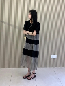 时尚减龄条纹拼接遮肉蛋糕裙女夏季新款韩版显瘦宽松中长款连衣裙