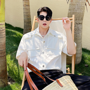 夏季韩国ins网红工装大口袋设计感短袖衬衫男宽松帅气发型师衬衣