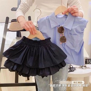 女童法式两件套夏装洋气套装韩版蓝色泡泡袖衬衣+花苞裤爆款夏装