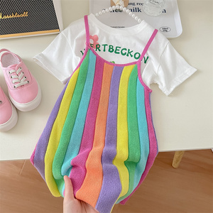 韩国童装女童夏季2024新款洋气彩虹纹吊带裙小女孩洋气吊带连衣裙