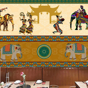 东南亚风格大象墙纸民族主题酒店壁画泰式餐厅饭店印度瑜伽馆壁纸