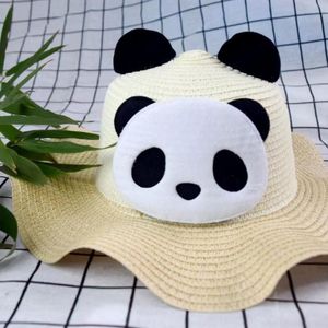 韩版卡通鹿角熊猫波浪儿童女宝太阳帽草帽夏出游防晒可爱洋气遮阳