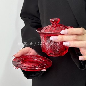 复古红玄冰玻璃公道杯家用高颜值盖碗套装日式茶盏办公室泡茶杯子