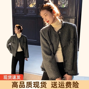 灰色小香风外套女春装2024年新款韩式chic高级感絮边短款羊毛上衣