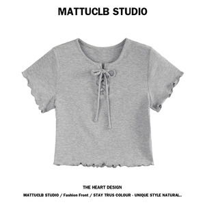 MATTUCLB 灰色短袖t恤女夏新款修身百搭高腰露脐绑带短款针织上衣