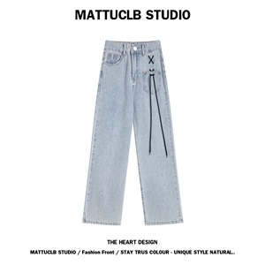 MATTUCLB 浅色牛仔裤女夏季薄款高腰宽松个性绑带设计感裤子ins潮
