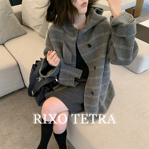 RIXO TETRA格子双面羊绒大衣女短款连帽设计感高级羊毛呢外套