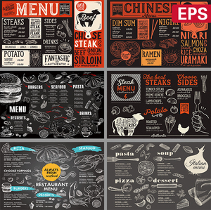 国外线描西餐厅菜单价格表汉堡面包海鲜烤肉龙虾EPS矢量设计素材