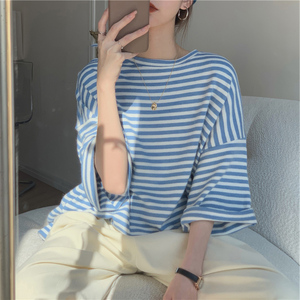 蓝白条纹t恤女夏短袖宽松纯棉潮牌2024年新款中长款欧货大版体桖